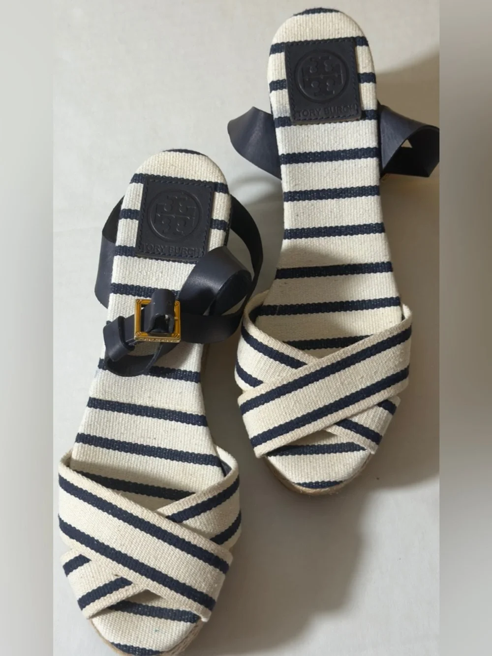 Tory Burch Navy & Cream Striped Espadrille Sandals